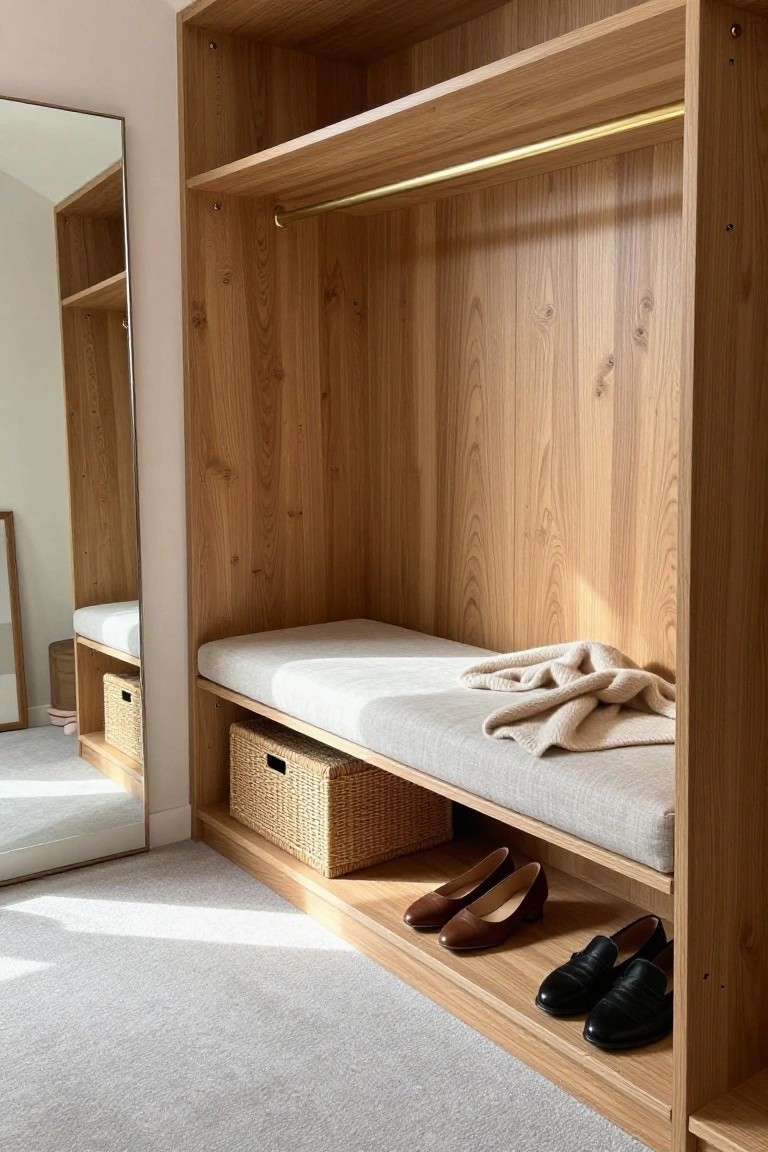 Light oak built-in wardrobe with hanging rod, open shelves, cushioned bench holding a cream throw, wicker baskets, brown heels and black loafers on lower shelf, beside a full-length mirror in a sunlit room.