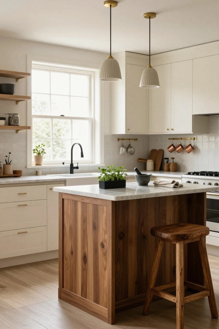 Kitchen with off-white shaker-style cabinets, dark wood island and stool, white marble counters, black faucet, pendant lights, and plants on shelves near a window.