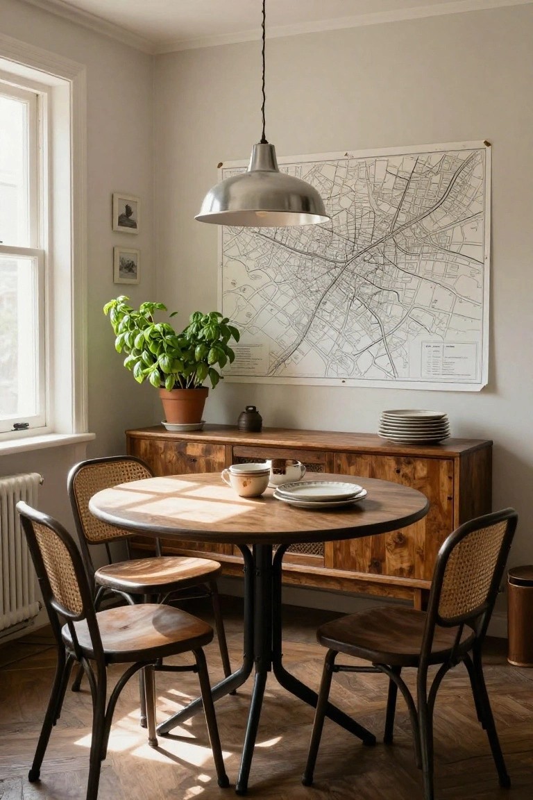 Light-filled interior corner with a large pinned map of Barcelona's Eixample on the wall above a wooden sideboard holding stacked plates, cups, and a teapot, a round wooden table with rattan and wooden chairs, potted basil plant, pendant light, and parquet flooring.