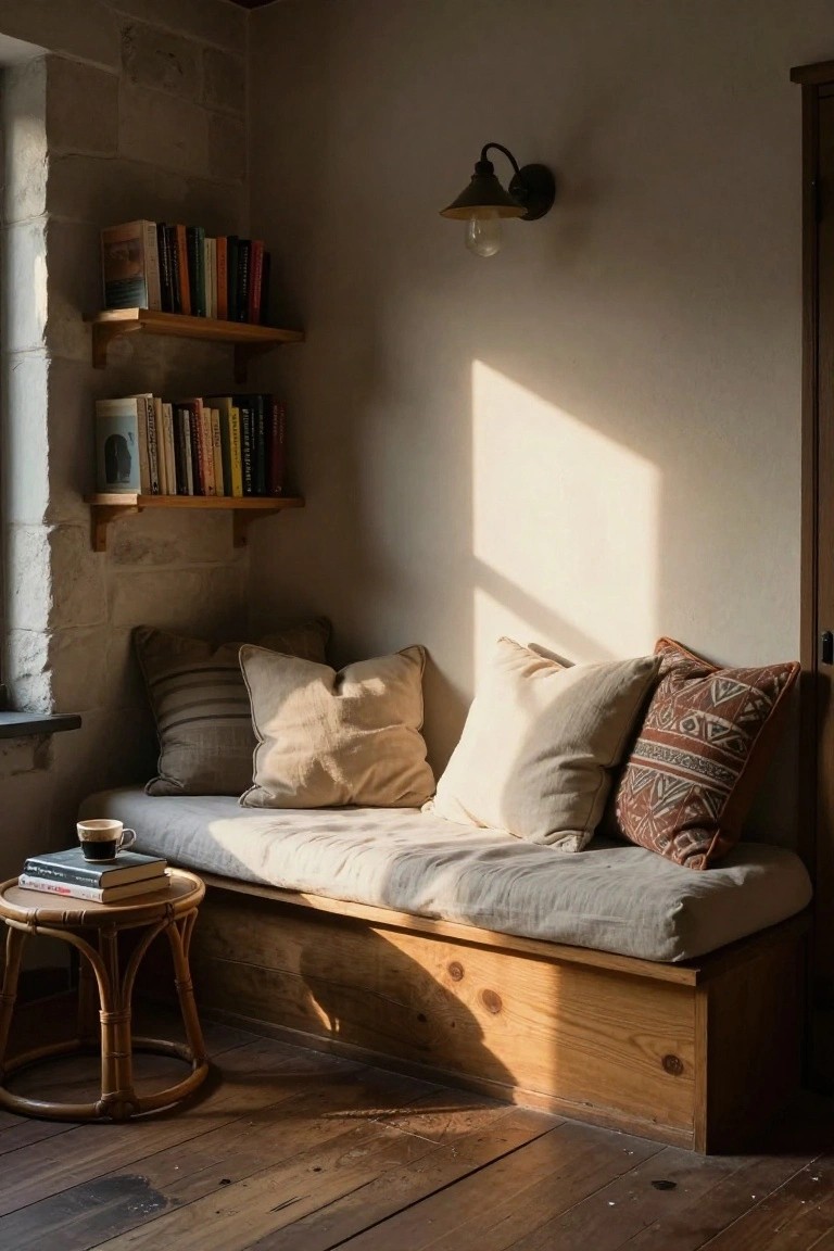 Sunlit indoor reading nook with wooden built-in bench covered in beige and patterned cushions, wooden bookshelves on stone walls holding colorful books, rattan side table with stacked books and coffee mug, wooden floors.