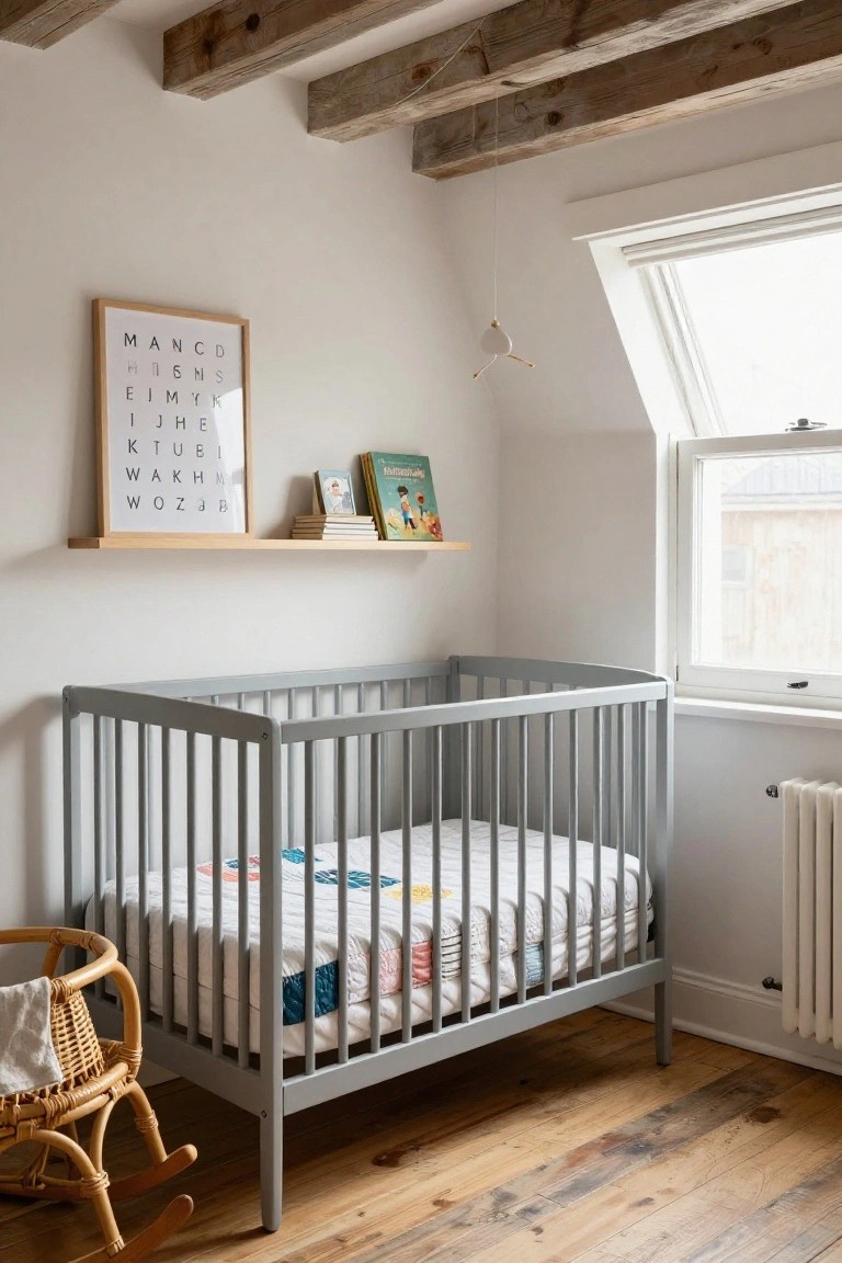Gray crib with colorful quilt in a nursery corner under exposed wooden ceiling beams, next to a wicker rocking chair, wooden shelf with books and poster, sloped window, and white radiator on beige walls with hardwood floors.