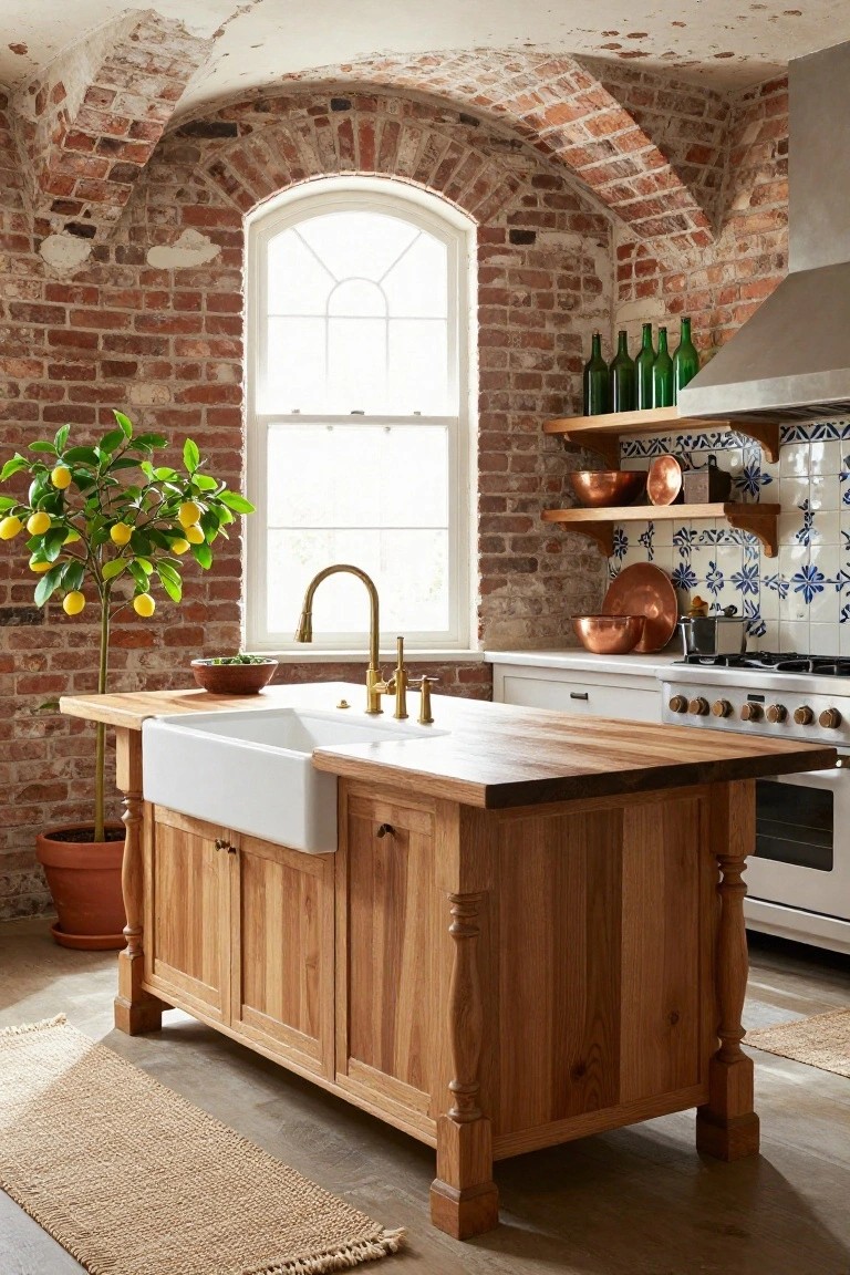 Kitchen with exposed red brick walls and vaulted ceiling, arched window, potted lemon tree, wooden center island with white farmhouse sink and brass faucet, blue tiled backsplash with copper pots, and white stove.