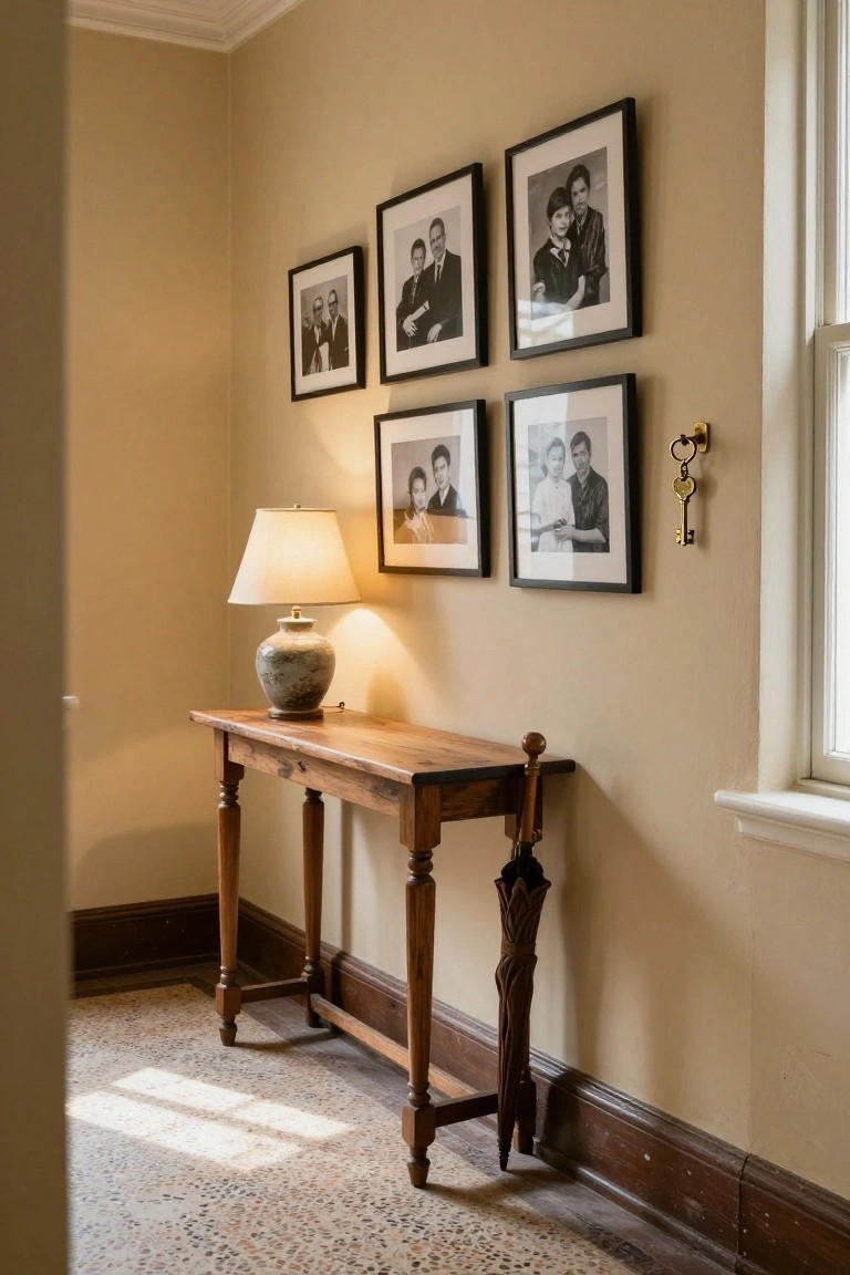 Beige hallway corner with wooden console table topped by a ceramic lamp, umbrella stand beside it, grid of black-and-white framed family photos on wall, brass key hook by window, and terrazzo floor.