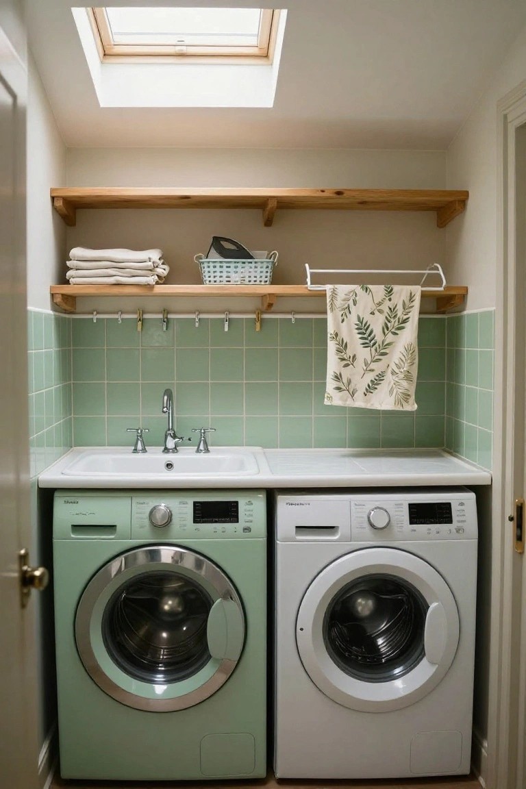 Compact laundry room with mint green tiled backsplash, green front-load washing machine, white front-load dryer, white utility sink, wooden wall shelf holding folded towels and basket, hanging tea towel, and skylight above.