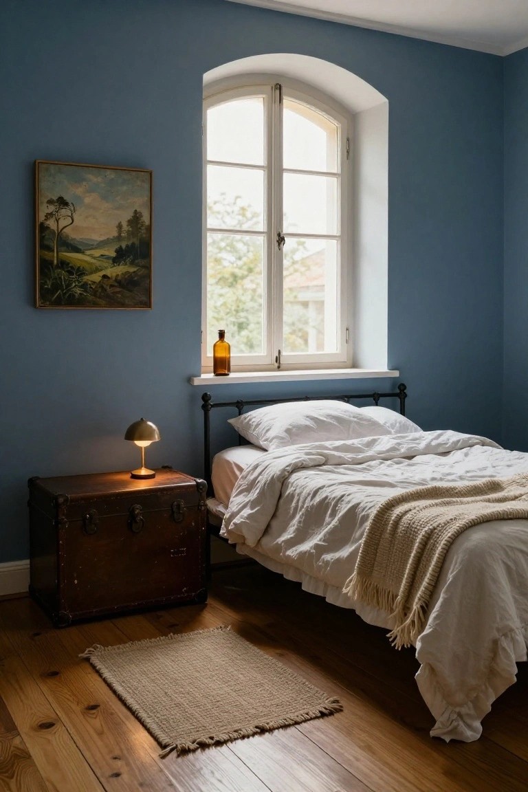 Blue-walled bedroom with arched window, iron bed draped in white linens and knit throw, vintage trunk nightstand topped with globe lamp, amber glass bottle on windowsill, and landscape oil painting on wall.