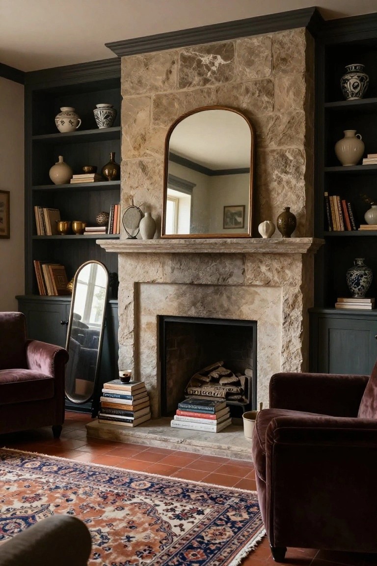 Living room with central stone fireplace flanked by dark wood built-in shelves displaying ceramics, books, vases, and mirrors, two purple velvet armchairs, tall arched mirror, stacked books by hearth, and patterned rug on terracotta tile floor.
