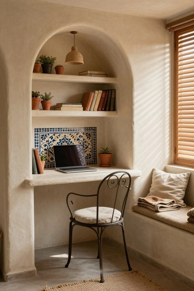 Beige arched wall alcove with built-in wooden shelves holding books and potted plants, a MacBook laptop on the desk surface backed by blue patterned tiles, a rattan pendant lamp hanging above, a black metal chair at the desk, and a cushioned window seat with throws nearby.