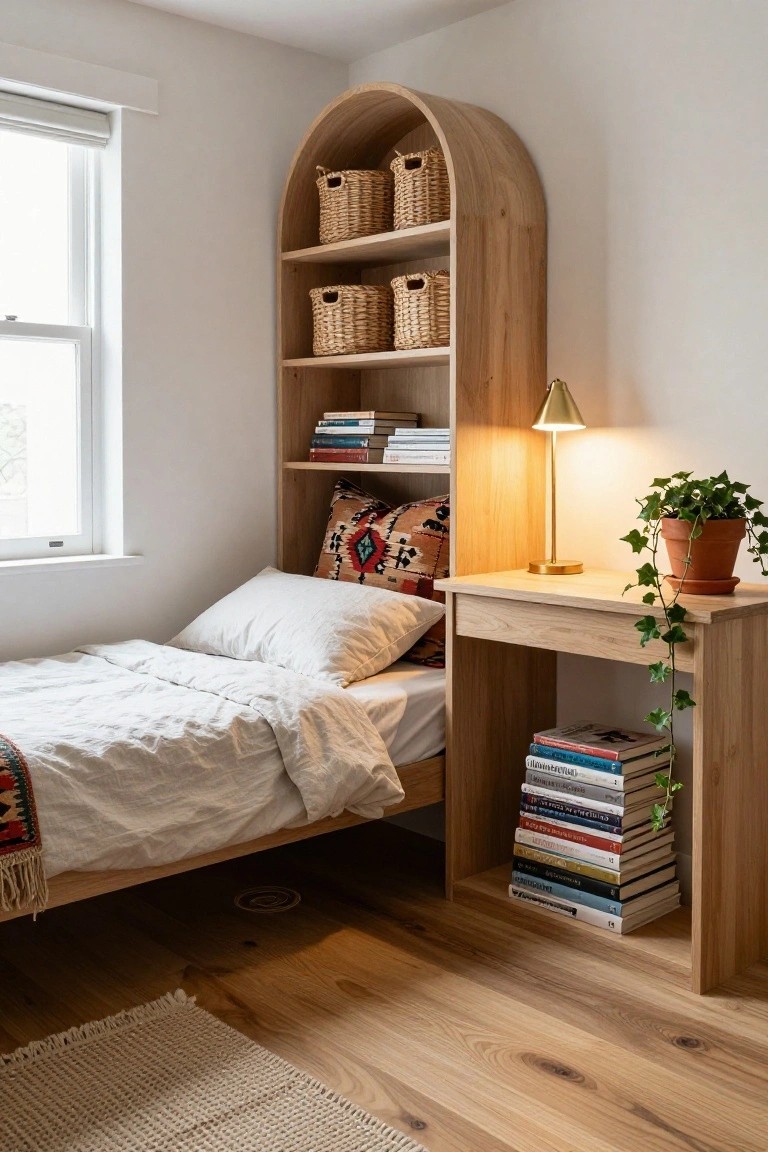 A small bedroom office corner with a tall arched oak shelving unit holding wicker baskets and books, next to a matching wooden desk with a gold lamp, potted ivy plant, and a bed with white linens and patterned pillows on light oak floors.