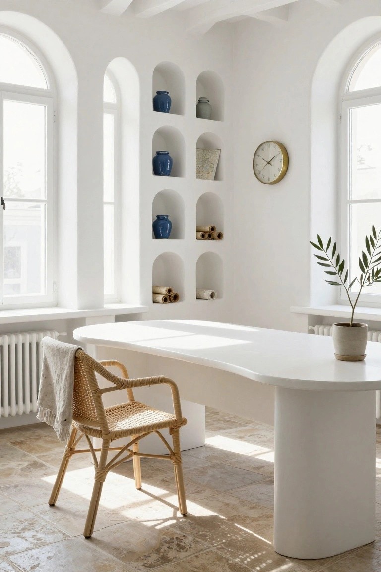 Sunlit white office room with arched wall niches holding blue pottery, scrolls, and bamboo rolls, curved white desk, rattan chair with linen throw, potted olive plant, gold clock, and arched windows.