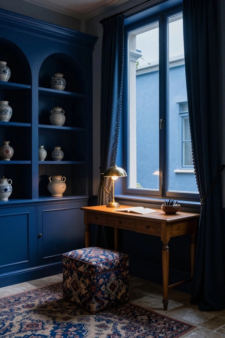 Home office corner with navy blue arched built-in shelving displaying blue-and-white ceramic vases and jars, wooden desk with banker's lamp and open book, patterned pouf stool, and oriental rug on stone floor by window with blue drapes.