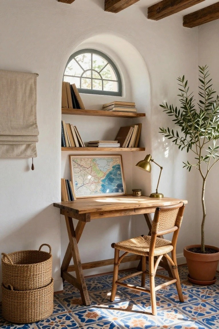 Sunlit white interior room with wooden desk on X legs, rattan chair, potted olive tree, wooden shelves holding books and a framed map, brass lamp, linen curtain by arched green window, woven baskets, and blue patterned tile floor.