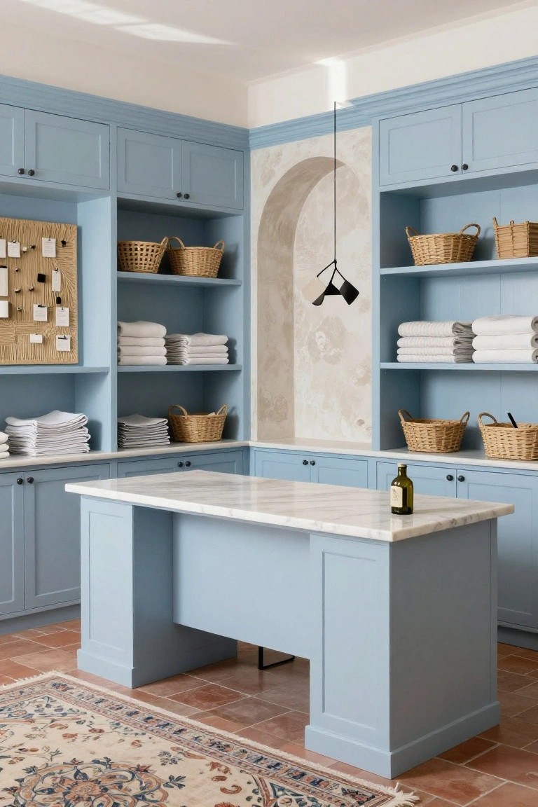 Light blue painted cabinetry lines the walls of a room with open shelves holding white folded linens and wicker baskets, a central marble-topped table, an arched niche with hanging light fixture, terracotta tile floor, and a patterned rug.