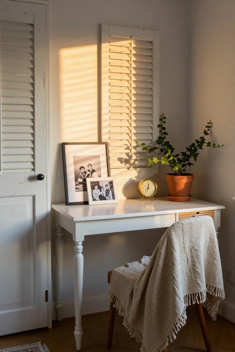 White wooden desk in room corner next to tall white plantation shutters with sunlight streaming through slats, topped with gold clock, terracotta pot of ivy, and two black-and-white family photos, wooden chair draped with beige woven throw.