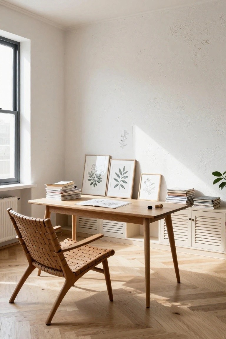 Corner home office with light wooden desk topped by stacked books and open notebook, woven chair, white louvered cabinets underneath, botanical prints on white walls, window, radiator, and herringbone parquet floor.