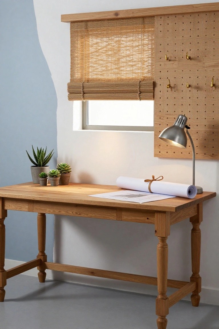 Wooden desk with rolled blueprint, potted succulents, and aloe plants on top, pegboard wall with hooks and adjustable lamp above, bamboo blinds on window in light blue and white room.