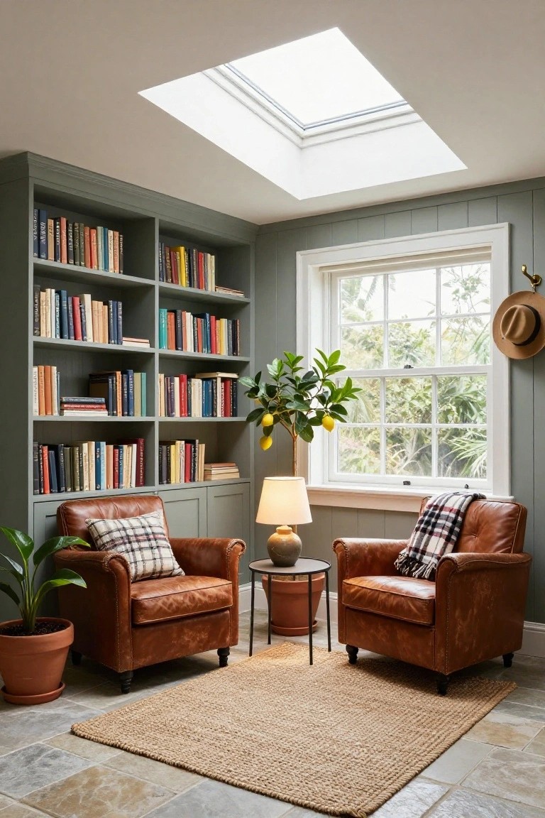 Sage green built-in bookshelves filled with books in a corner room with two tan leather armchairs around a small round table, lamp, plants, lemon tree by window, skylight overhead, seagrass rug on stone tile floor.