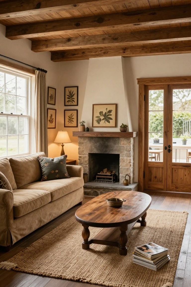 Cozy living room interior with exposed dark wooden beams on the ceiling, beige sofa, wooden coffee table, stone fireplace, potted plants, and French doors opening to a patio.