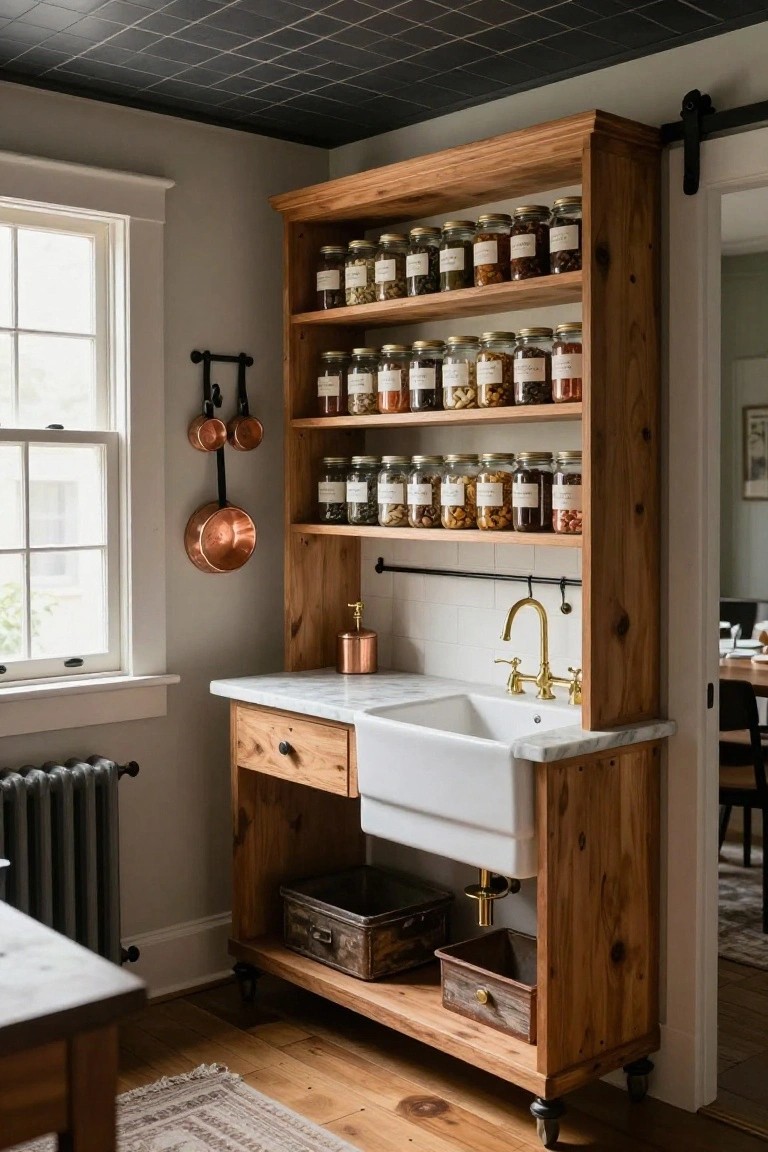 Tall wooden cabinet in a kitchen with open shelves stocked with labeled glass jars of spices and dry goods, integrated white farmhouse sink on marble counter, copper pots hanging on wall, and metal bins below.