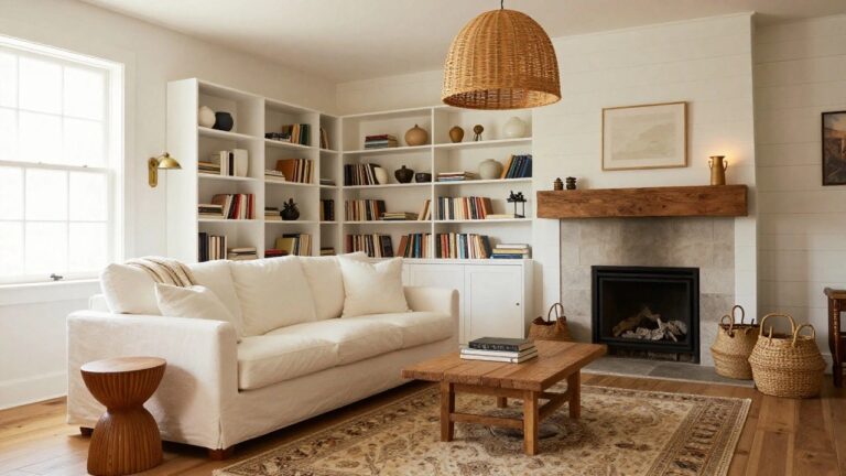 Living room with white shiplap walls, exposed wood ceiling beams, rattan pendant light, open shelving and cabinets flanking a white stone fireplace topped by a rough wood beam mantel, white sofa, wood coffee table on a patterned rug, and a lit fire.