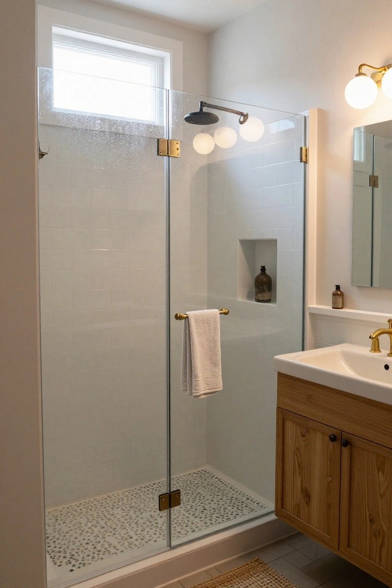 Frameless glass shower enclosure with pebble tile floor and niche shelf in a white subway-tiled bathroom, adjacent to an oak wood vanity with brass faucet and towel bar.