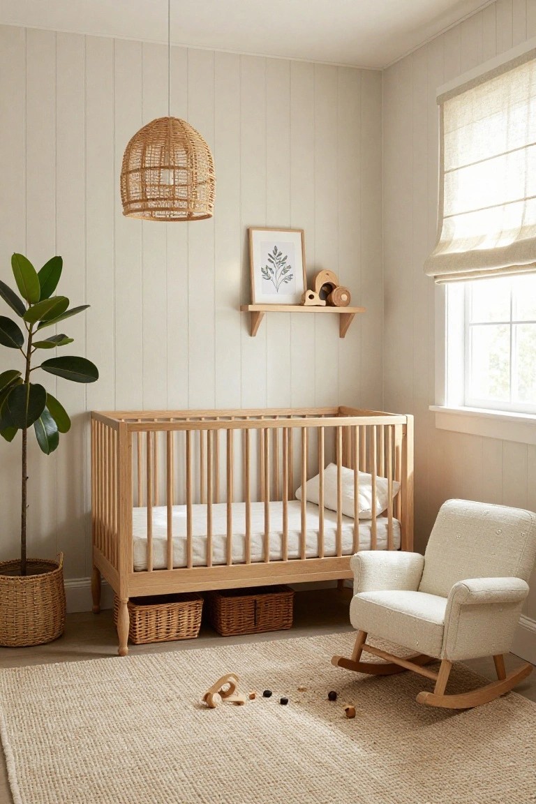 Nursery room with light wood crib, cream fabric rocking chair, rattan pendant light, potted plant in woven basket, floating shelves holding wooden toys, beige seagrass rug with scattered wood blocks, against white vertical shiplap walls and sheer window shade.