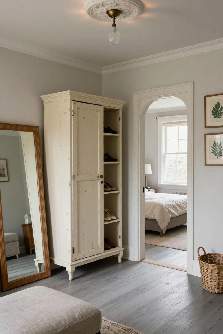 Tall cream-colored wooden armoire with open doors revealing shoe shelves, next to a wooden full-length mirror and ottoman in a light gray room with an arched doorway to a bedroom.