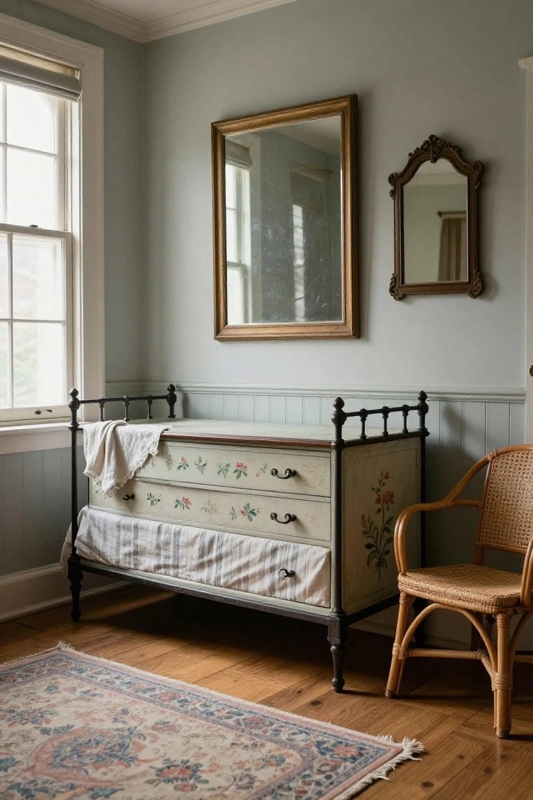 Sage green bedroom corner with a floral-painted antique wooden chest on a black iron bed frame, two gold-framed mirrors on the wall, a rattan chair nearby, hardwood floors, and a patterned rug.
