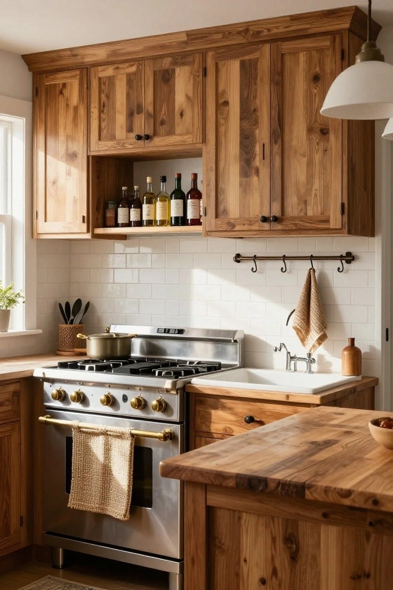 Farmhouse kitchen with natural wood cabinets, wooden island countertop, stainless steel range with brass knobs, white subway tile backsplash, and open shelving holding wine bottles.