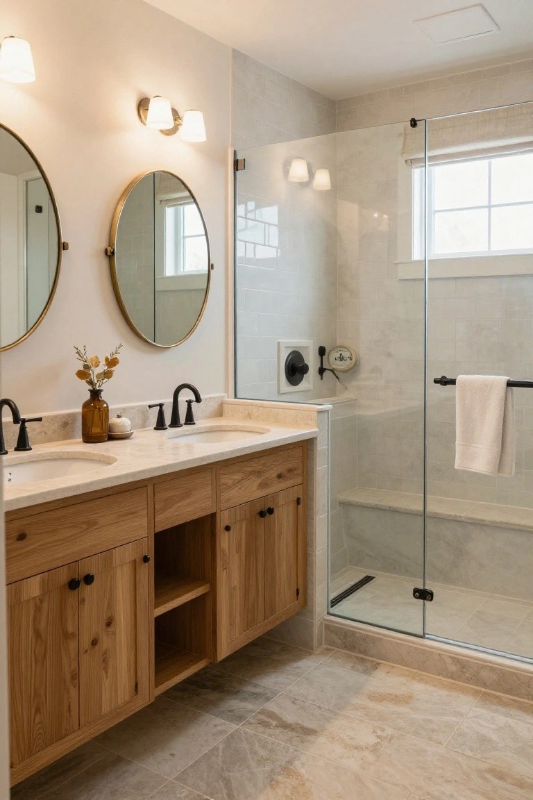 A bathroom interior with a wooden double vanity under two large round gold-framed mirrors, matte black faucets on oval sinks, and a frameless glass shower enclosure with a built-in bench.
