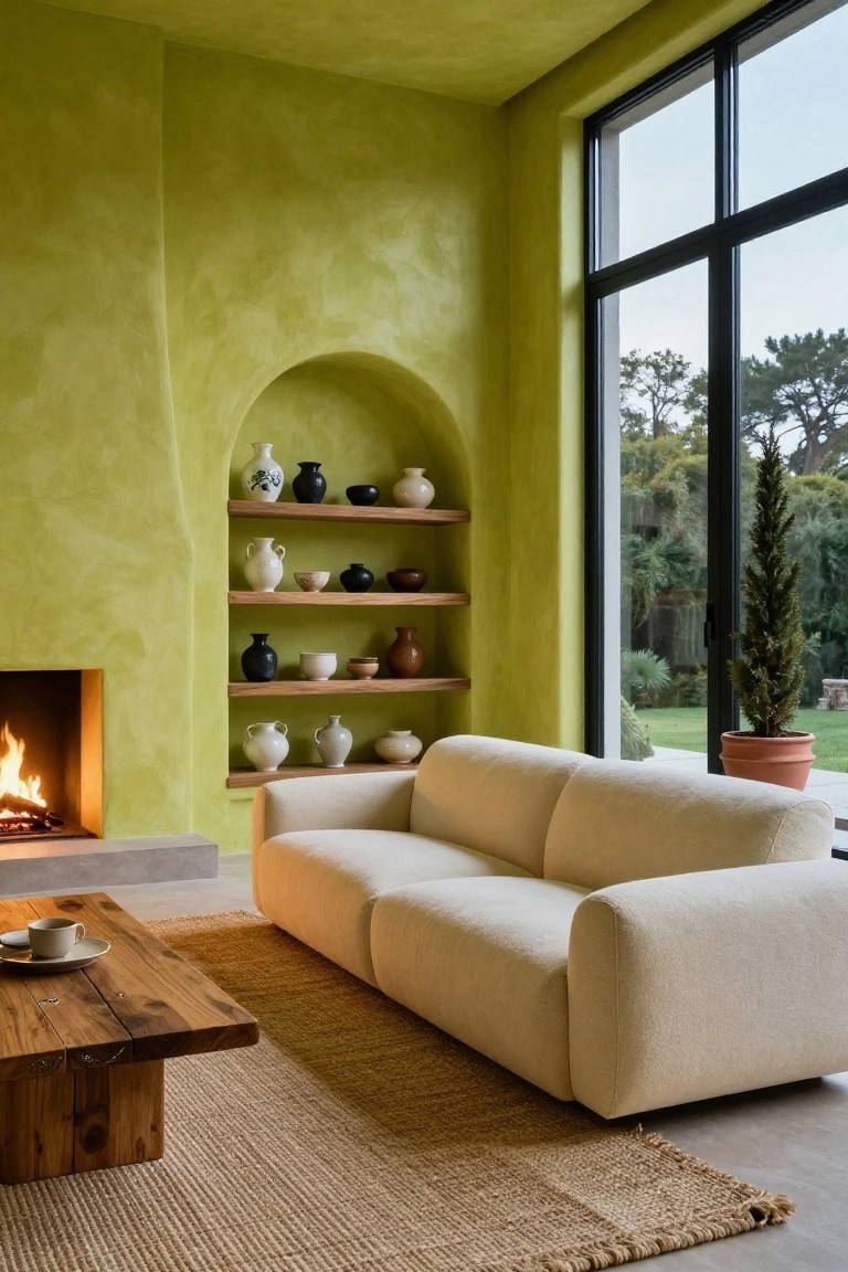 Living room with lime green textured walls, an arched niche shelving assorted pottery vases and bowls, white modular sofa, wooden coffee table on seagrass rug, fireplace, and large windows showing garden view.