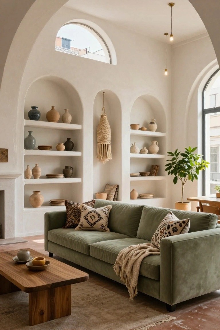 White arched niches built into the wall of a living room, filled with assorted pottery, a green velvet sofa with patterned pillows, wooden coffee table, potted plant, and large arched windows.