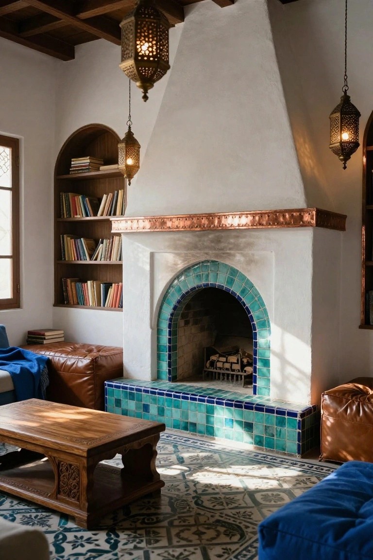 Living room interior with white stucco walls, arched turquoise tiled fireplace with copper trim, built-in wooden bookshelves, carved wooden coffee table, tan leather poufs, blue sofa, and patterned tile floor.