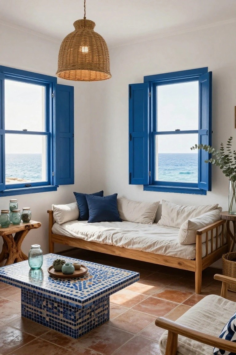 White interior corner room with two large blue-shuttered windows open to ocean view, wooden daybed with pillows, blue mosaic coffee table, and side tables on terracotta floor.