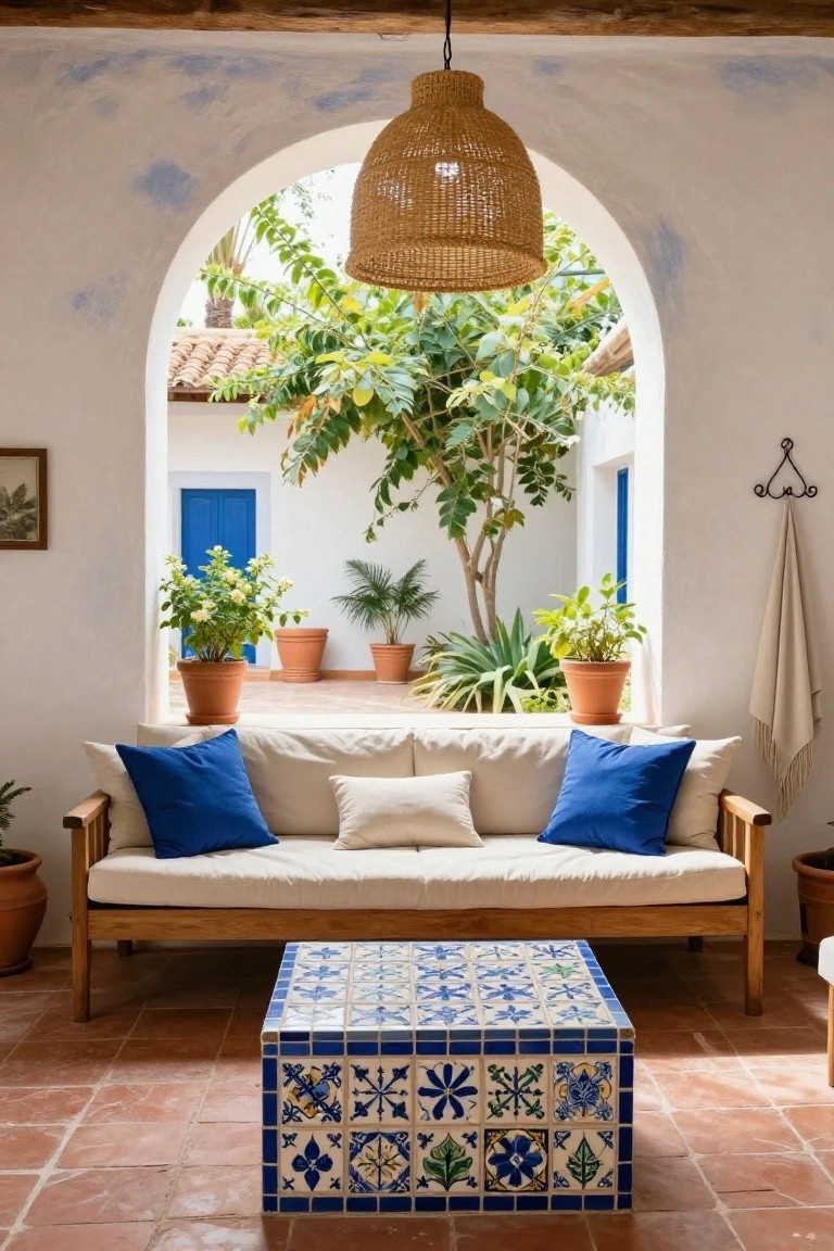 Living room interior with wooden sofa, blue pillows, plants in terracotta pots, blue-and-white tiled wooden coffee table on terracotta tile floor, and arched opening to outdoor courtyard with greenery and blue door.