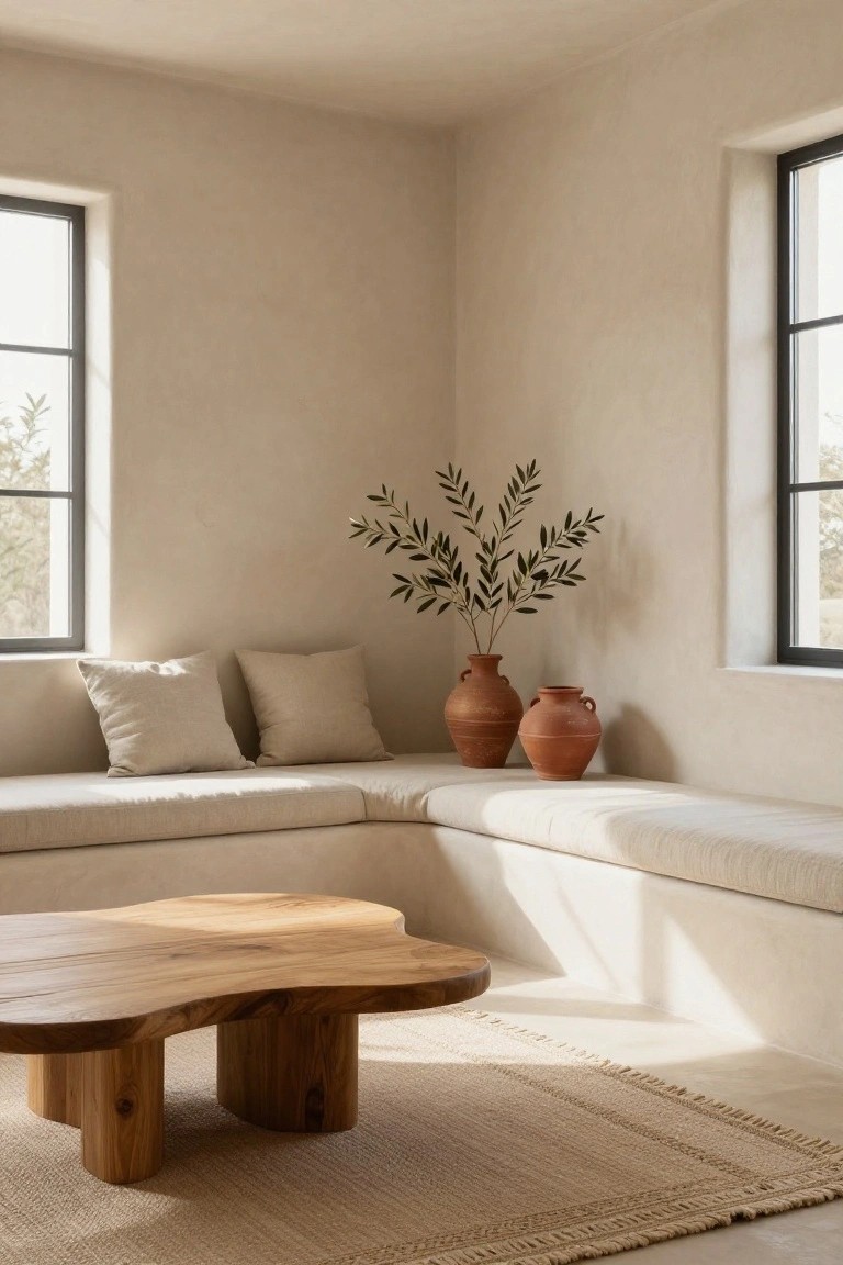 Light beige living room corner with built-in bench topped by beige cushions, two terracotta pots holding olive branches, irregular natural wood coffee table on thick legs, beige rug, and large black-framed windows with natural light.