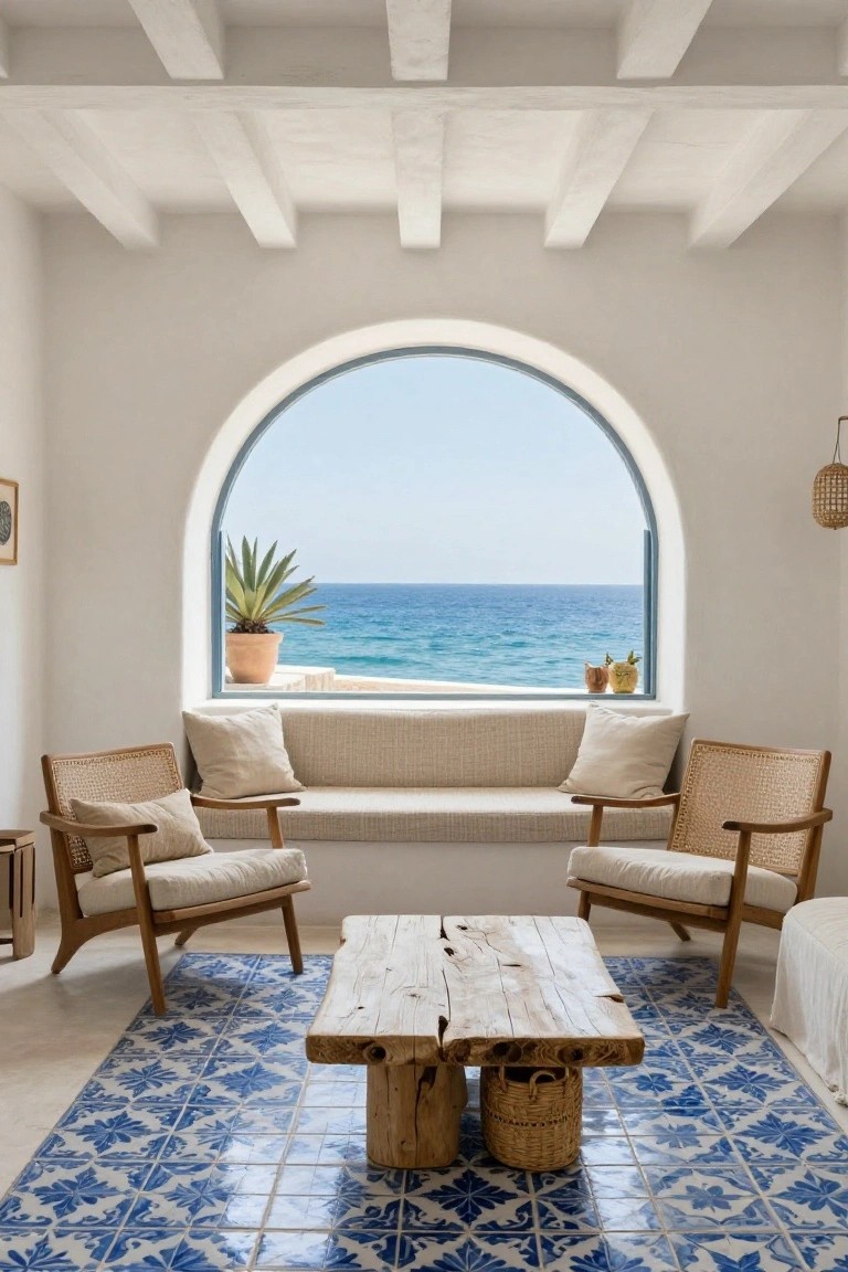 White interior room with exposed wood beam ceiling, built-in beige bench and two rattan armchairs with white cushions around a rough-hewn wood coffee table on blue patterned tile floor, large arched window overlooking blue sea with potted plants on sill.