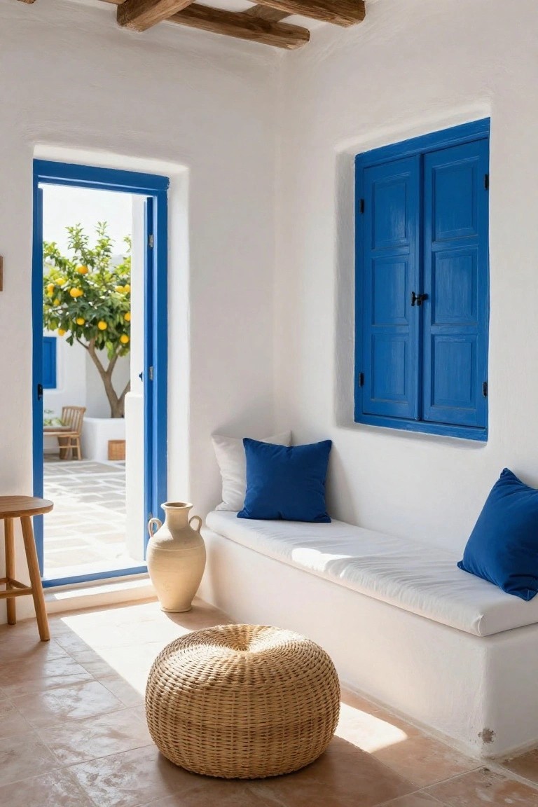 White-walled interior room with blue shutters on one window, open blue door to courtyard with lemon tree and patio furniture, built-in white bench with blue pillows, large terracotta vase, woven pouf stool, wooden stool, and terracotta tile floor.