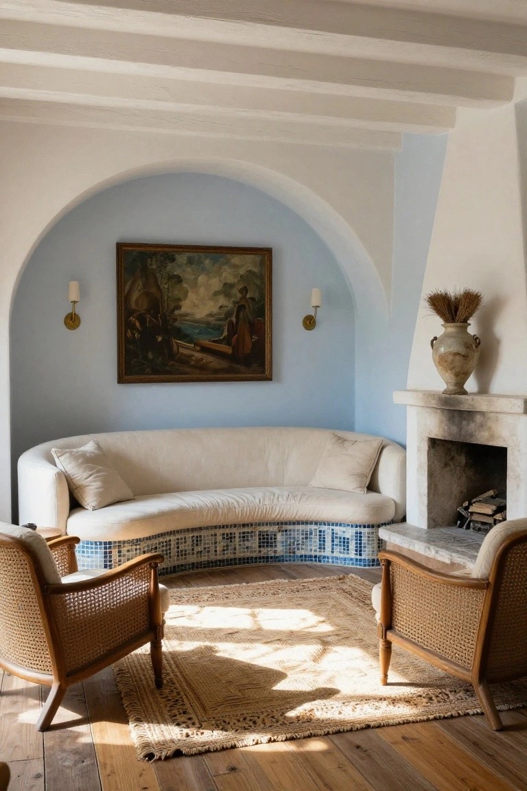 Curved white sofa with blue tiled base in a living room corner by a stone fireplace, flanked by two rattan armchairs on wooden floors with a rug, arched light blue wall holding a landscape painting and sconces.