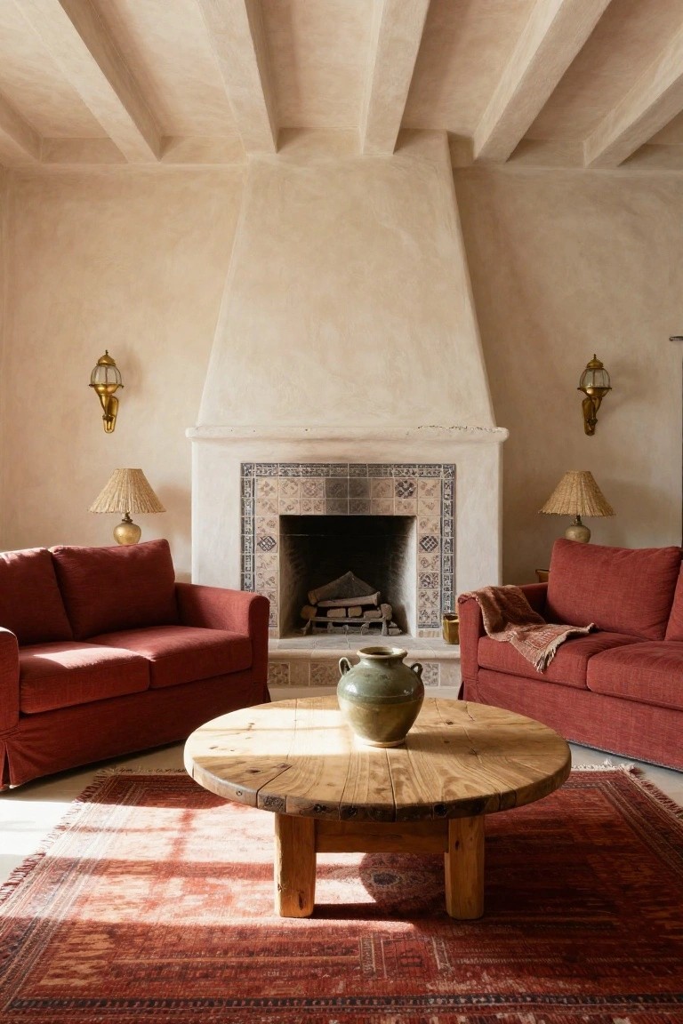 Living room featuring exposed wooden beam ceiling, white textured walls, large fireplace with blue and white tiled surround and logs inside, two matching red fabric sofas facing the fireplace across a round wooden coffee table holding a green vase, fringed red rug on floor, and shaded lamps on side tables.