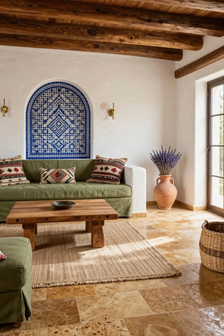 Living room with exposed dark wooden beams on the ceiling, green sofa with patterned pillows, wooden coffee table, blue tiled arched wall niche, lavender bouquet in terracotta pot, wicker basket, and terracotta tile floor.