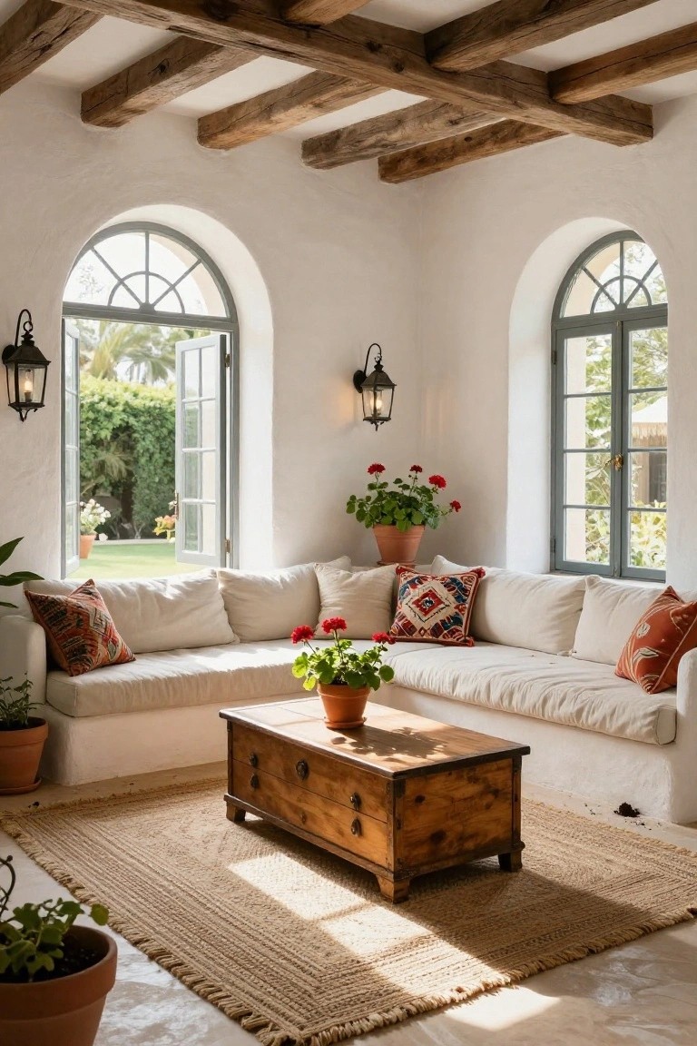 Bright white living room with exposed dark wooden ceiling beams, arched green-framed windows open to a garden, built-in white banquette sofa with colorful patterned pillows, wooden trunk coffee table, potted plants, and seagrass rug on tiled floor.