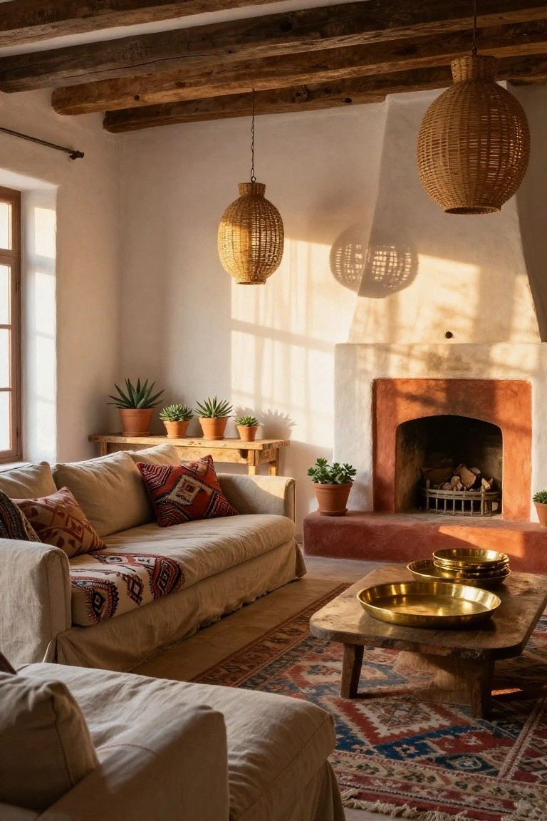 Sunlit living room interior with white plaster walls, dark exposed wooden ceiling beams, hanging woven rattan pendant lights, terracotta fireplace, beige linen sofas with patterned pillows, potted plants on wooden shelves, brass trays on a low wooden coffee table, and a colorful patterned rug.