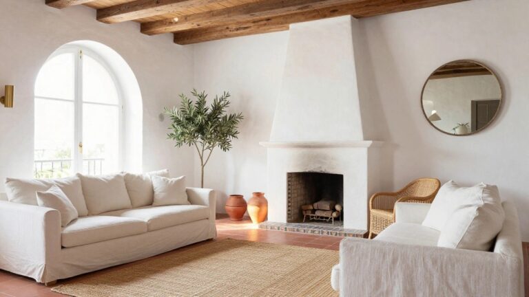 A living room with exposed dark wooden beams on the white ceiling, white slipcovered sofa, rattan armchairs, terracotta tile floors, white fireplace with colorful tiled surround, round mirror, and arched window.