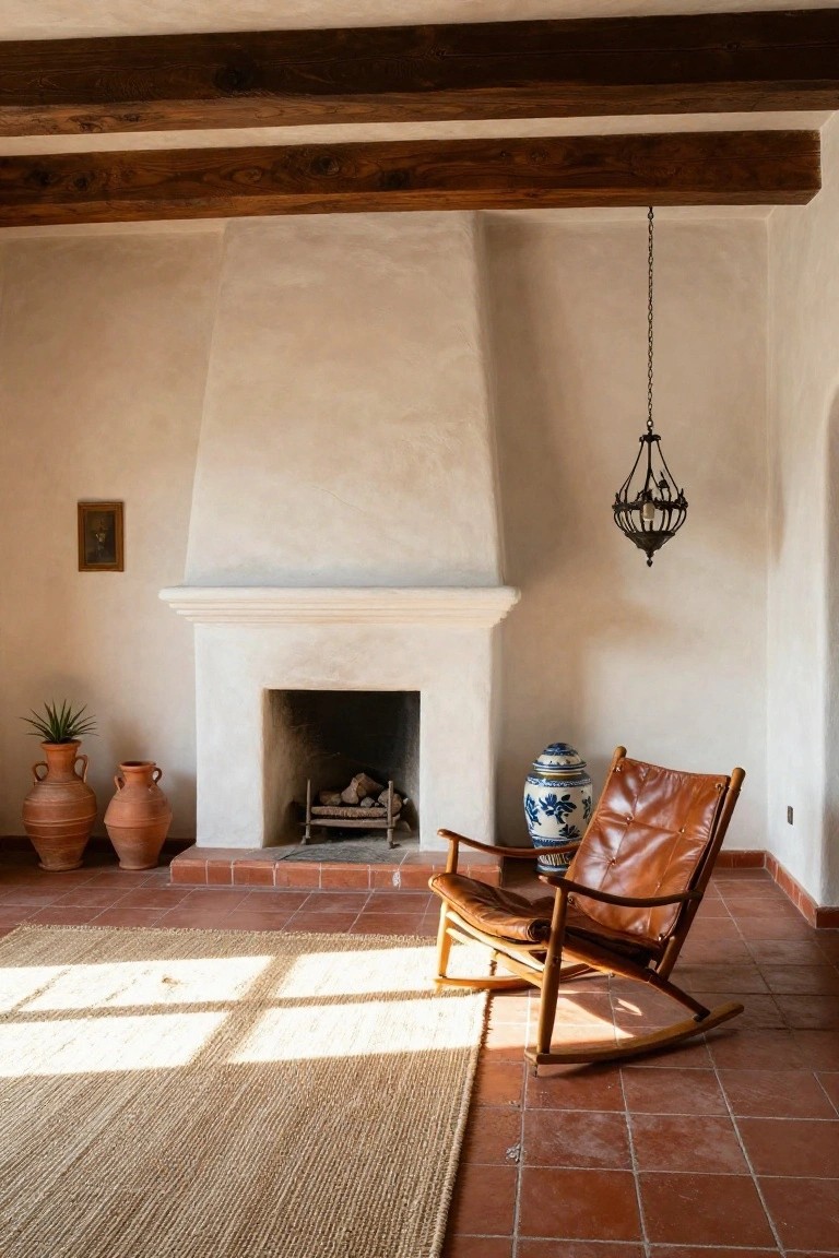 A sunlit Mediterranean-style living room with a white stucco fireplace, tan leather rocking chair on wooden rockers, terracotta tile floor, seagrass rug, and terracotta pots nearby.
