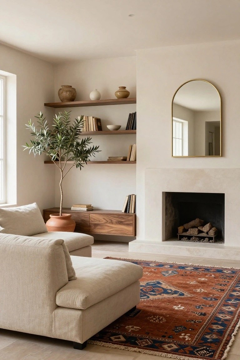 A light living room with cream sofa on red and blue patterned rug, tall potted olive tree in terracotta next to wooden floating shelves stocked with ceramics and books, low wood cabinet, minimalist stone fireplace with logs, and gold arched wall mirror.