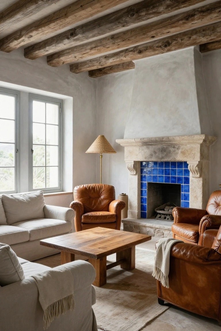 Living room with dark exposed wooden beam ceiling, white textured walls, stone fireplace with blue tile surround, two leather armchairs, white linen sofa, wooden coffee table, and rattan floor lamp.