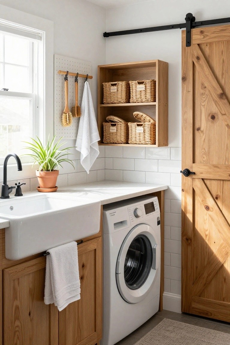 Rustic laundry room with white farmhouse sink on wooden base cabinets next to a white front-loading washer, open wooden shelves holding wicker baskets, pegboard wall hooks with wooden utensils and towels, potted spider plant on counter, and oak sliding barn door with black hardware.
