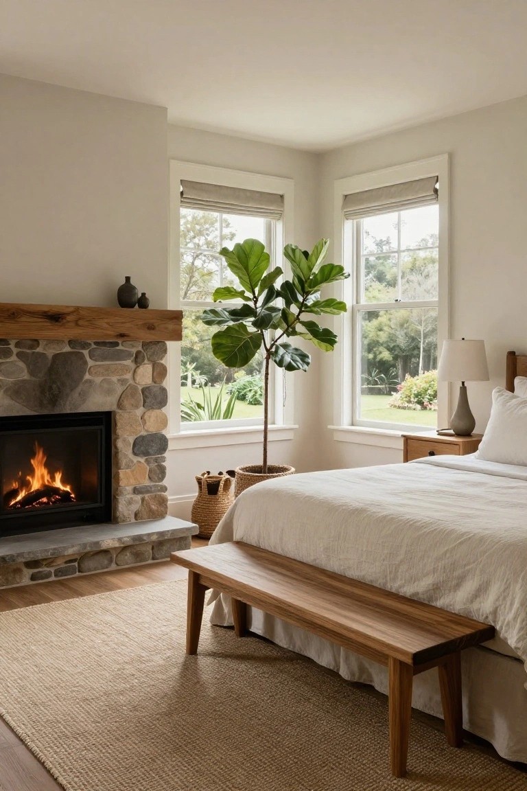 Bedroom corner with stone fireplace, burning fire, wooden mantel and bench at foot of bed with white linens, large potted fiddle leaf fig plant, and two windows overlooking garden.