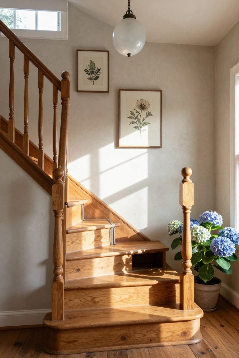 Wooden staircase with oak treads and turned balusters in a light gray interior, featuring botanical artwork on walls, a white pendant light overhead, and potted blue hydrangeas at the base.