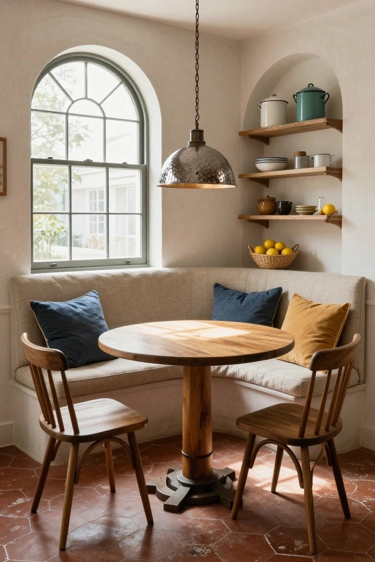 Corner kitchen banquette in beige fabric with navy and mustard pillows, round wooden pedestal table, slat-back wooden chairs, terracotta hexagonal floor tiles, arched green window, wall shelves with white and green pots, lemons in basket, hammered pendant light.
